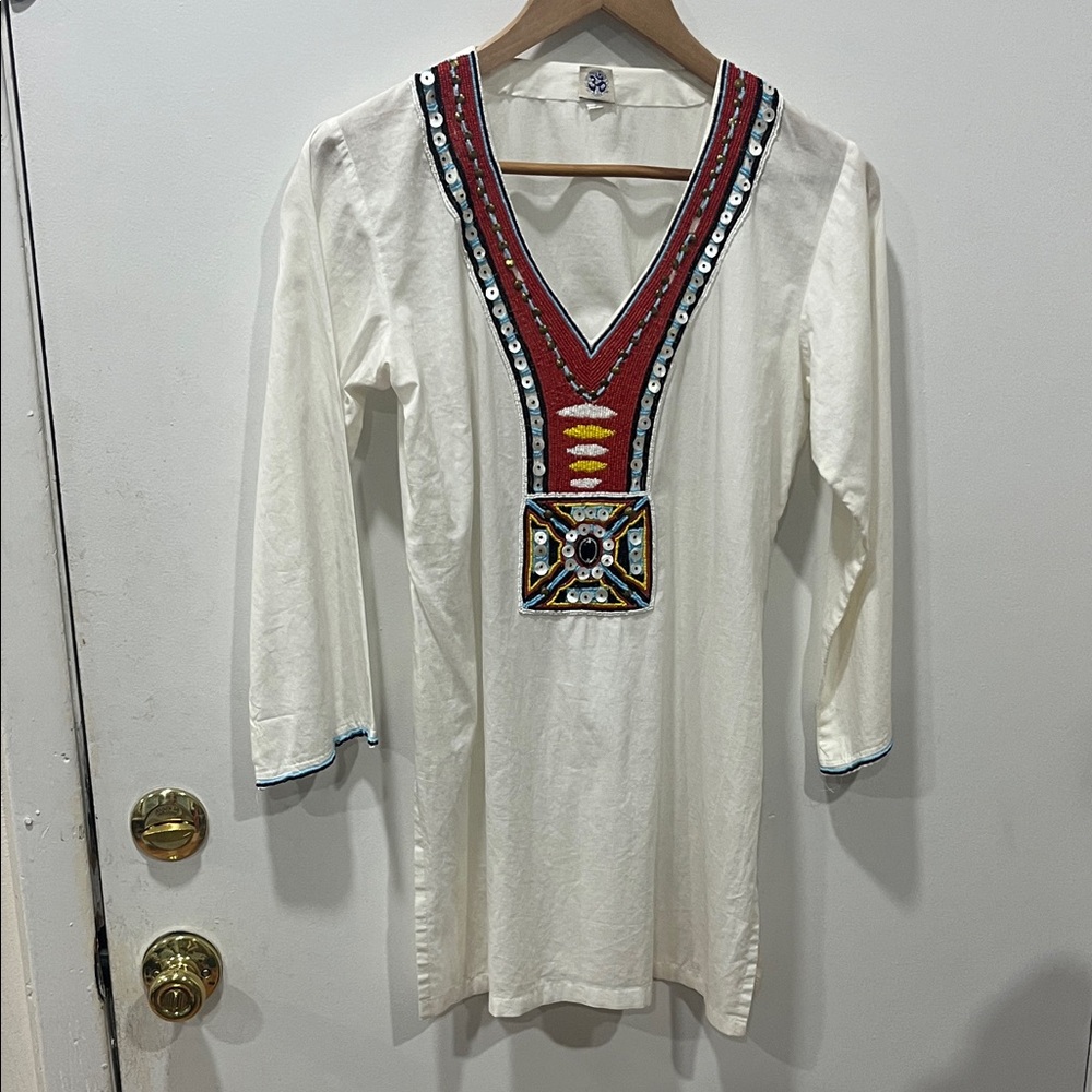Women's White Embroidered V-Neck Blouse with Red Accents